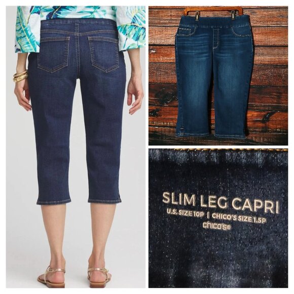Chicos Jeans Size 1.5P 10 Petite Slim Leg Capri Dark Blue Denim Stretch - Picture 1 of 7